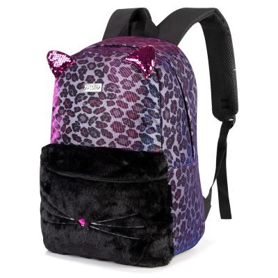 China Latest Fashionable Kids\Fasion Leopard Print Cat Cute Plush Girls Backpack School Bags For Kids for sale