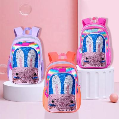 China New Waterproof Sequin Pink Rabbit Holographic Reversible Children Kids Backpack School Bags Girl for sale