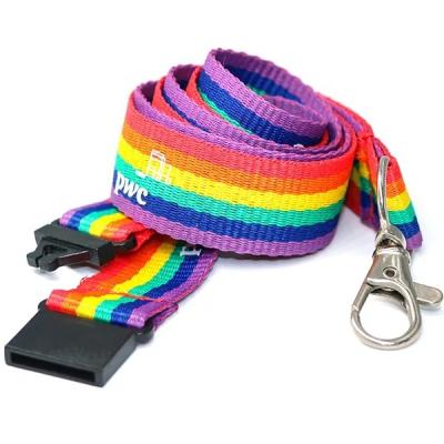 China Durable Long Lasting Rainbow Color Woven To Tie Custom Printed Polyester Lanyard With Adjustable Buckle for sale