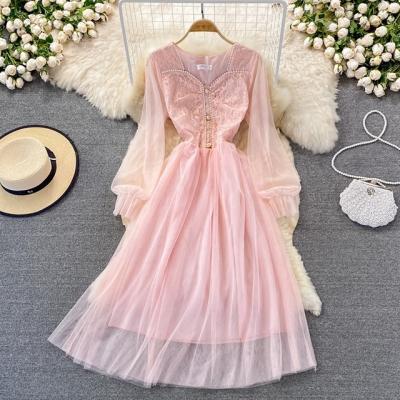 China Factory direct sales anti-static in china women casual genlte long sleeve and soft maxi dresses lace up panel mesh elegant party dress for sale