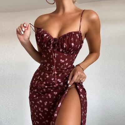 China Anti-Static Elegant Lady Party Women Floral Casual Dresses Luxurious Hot Sexy Night High Split Ruched Mid Length Bodycon Custom Dress for sale