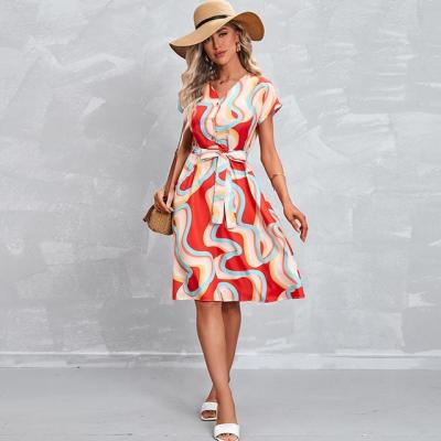 China New Lady Women's Floral Dresses V-Neckline Sexy Casual Elegant Anti-Static Summer Short Sleeve Button Up Block Print Mid Length Skirt Dress for sale