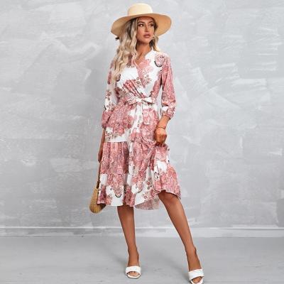 China 2022 Amazon anti-static ladies uses elegant three quarter sleeve dresses printed dress summer casual lace up sexy v neck mid length for sale