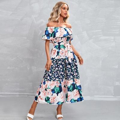 China New 2022 Amazon anti-static A-line neck ruffled floral print lace-up patchwork off-shoulder sleeveless sexy long casual maxi dress for sale