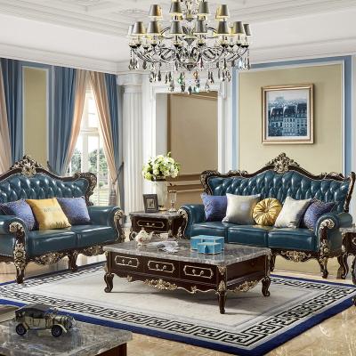 China Luxury Artistic Carved Leather Antique Sofa Set European Style Solid Wood High Quality for sale