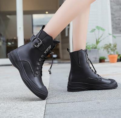 China Black Round Breathable Ankle Ladies Martin Boots Shoes Genuine Leather Short Boots Women for sale