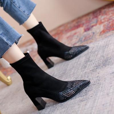 China Fashionable Hot-selling Anti-slippery snakeskin pattern headed toe heel boots women's short shoes thick high heels boots for sale