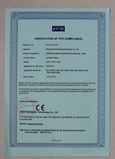 CE Certification for container house - Zhejiang Putian Integrated Housing Co., Ltd