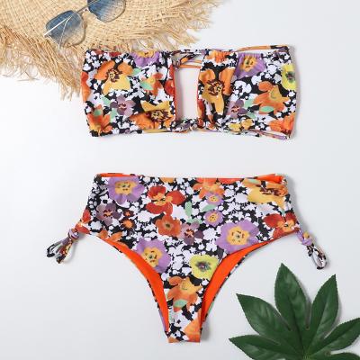 China Removable Padded Custom Private Label Flora Printed Women Swimwear Bikini 2 Piece Rope Teen Adjustable Swimsuit for sale