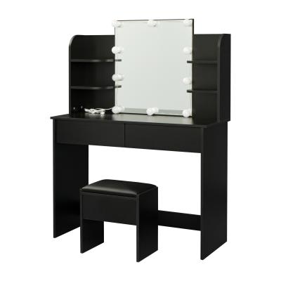 China Modern CURRENT US LED Dressing Table Makeup Table Dresser With Open Drawer Cabinet Mirror Shelves For Bedroom Black for sale