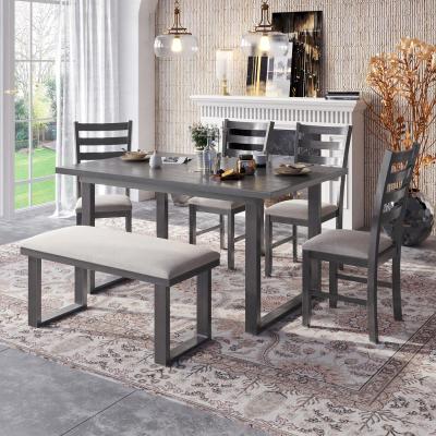 China Modern US STOCK Dining Set Wood Table and 4 Dining Chairs with Gray 6 Bench Set for sale