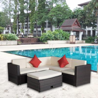 China US Modern RUNNING Terrace Set 4 Piece Beige Brown Rattan Cushion, 2 Red Pillow Sections, Optional Sofa Set and Multifunctional Table for sale