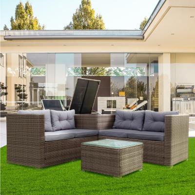 China Modern US STOCK 4 Piece Terrace Segmented Wicker Rattan Furniture Outdoor Sofa With Gray Storage Box for sale