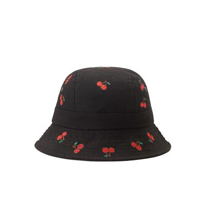 China Striped Sun Hat Girls Flip Up Brim Hat 5 Panel Bucket Hat With Polyhedral Cherry Embroidery LOGO for sale