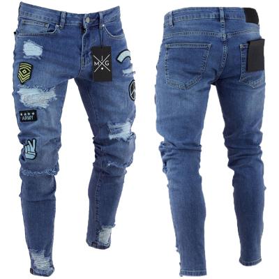 China Cheap price man jeans pants badge men jeans knee hole waterproof wholesale skinny biker jeans cheap denim for sale