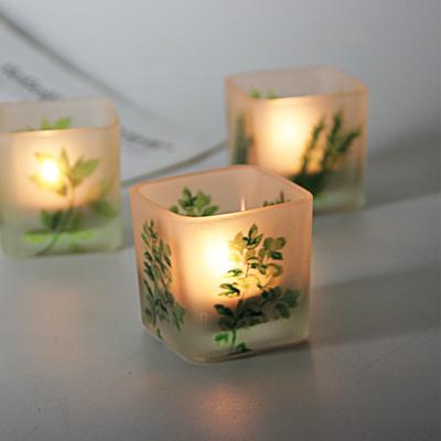 China Home Decoration Original Nordic Fresh Green Plant Printing Square Glass Candle Holder Romantic Dinner Decoration With Electronic Candle for sale