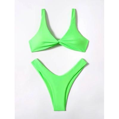 China 2022new Breathable Ladies Bikini Swimsuit Knot Chest Waist Thong Swimwear Plain Color High Waist Swimsuit for sale