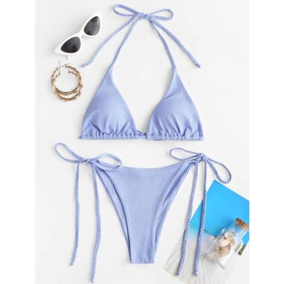 China Breathable Light Blue Woven Texture Tie Side Bikini Swimwear Seaside Beach Two Piece Suit for sale