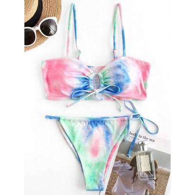 China Breathable Women Tie Dye Drawstring Triangle Bikini Suit Printed Suit Swimwear for sale