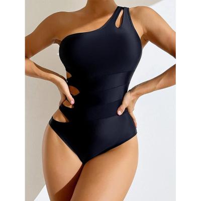 China Breathable Ladies Black Sexy Hollow Out One-Shoulder One-Piece Swimsuit for sale