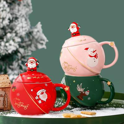 China Christmas Viable Wholesale Customizable Ceramic Mugs With Lid And Spoon Christmas Gift Applique Tea Cup Handmade Milk Cup Coffee Mug for sale