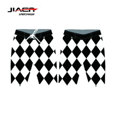 China OEM/ODM New Custom Black and White Diamond Design Style Anti-UV Sublimation Printed Surf Boardshorts Beach Shorts Quick Dry Beachwear for sale