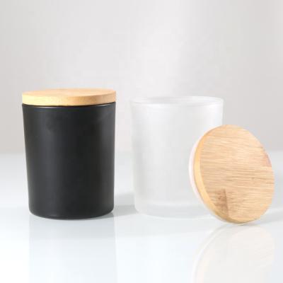 China Gift & Craft Matte Black Frosted Glass Candle Jar with Natural Bamboo Wood Lid 200ml 300ml for sale