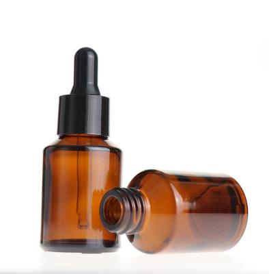 China Personal Care Shoulder 30ml Amber Flat Cylinder Glass Dropper Bottle For Serum Essential Oil for sale