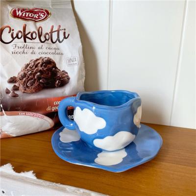 China Hand Painted INS Viable Blue Sky UCHOME Cup and Saucer Set and Clouds Cup Milk White Ceramic Cup for sale