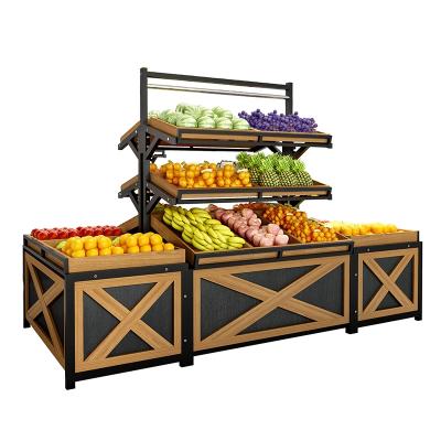 China Double-sided wooden fruit vegetable display rack supermarket fruit and vegetable shelf for sale