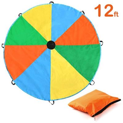 China Fiberglass pole kids parachute, 12 feet toy parachute with 8 handles, rainbow parachute for cooperative games, good for 8 kids play for sale