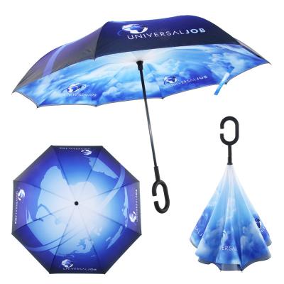 China Minimalist Custom Digital Printing Inside Out Reverse Windproof Double Layer Umbrella With C Handle for sale