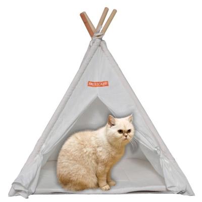 China Sustainable Wooden Canvas Fold Away Pet Tent Small Animals Bed Foldable Cotton Fabric Pet Teepee Dog Tent for sale