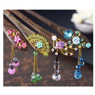 China Chinese Style Sandalwood Women's Hair Pins Wooden Hair Sticks with Crystal Dress and Flower Designs for sale