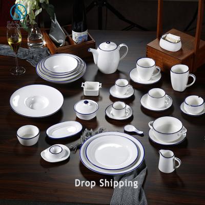 China Wholesale Savall HoReCa 32pc BLUELINE Rim Dinnerware Set Porcelain Dinnerware Set Sustainable Ceramic Luxury Dinnerware Set for sale