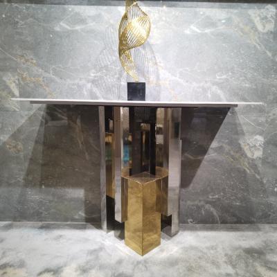 China Luxury Unique Art Design Stainless Steel Console Gold Metal Frame Agglomerated Stone Like Marble Top Console Table for sale