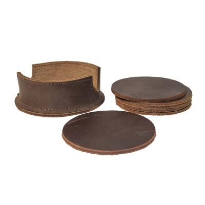 China Sustainable Vintage Leather Coaster With Small Round Tray Coaster Holder Custom Leather Double Teacup Coaster for sale