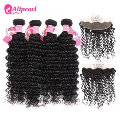 China 8A Deep Wave Brazilian Human Hair 4 Bundles With 13×4 Lace Frontal Closure for sale