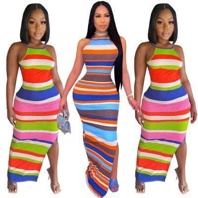 China Sehe 10502-SW79 Fashion Women Breathable Dresses Knitting Color Striped Backless Casual Maxi Dresses for sale