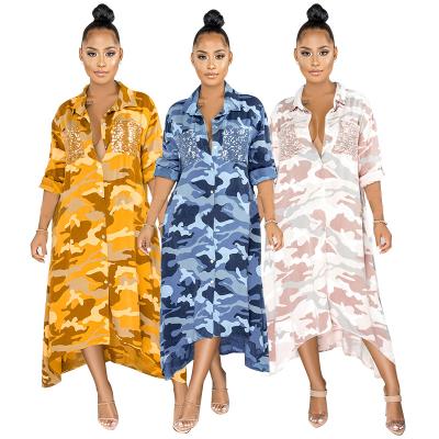 China 20810-SW23 breathable print camouflage plus size shirt dresses fall for women sehe fashion for sale