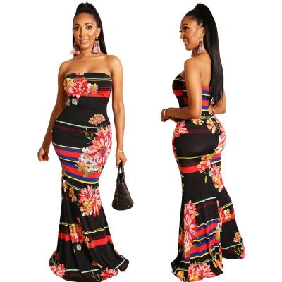 China Sehe Lady Elegant Women Lady Breathable Floral Printed Strapless Maxi Dresses Fashion 10301-SW41 for sale