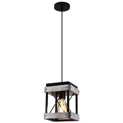 China Farmhouse Living Dining Room Kitchen Bar Farmhouse Industrial Single Retro Vintage Metal Black Wooden Cage Chandeliers Pendant Light for sale