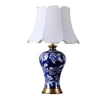 China New Modern Luxury Chinese Blue And White Ceramic Living Room Shades Fabric Lamps Table Side Bed Lamp for sale