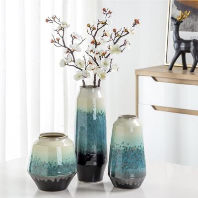 China Traditional 3 Pieces A Vase Set Large Blue Ceramic Home Decoration Rustic Gradient Artificial Flower In Vase for sale