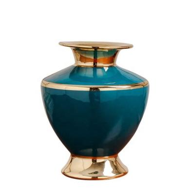 China (1300 degrees) modern blue ceramic small home decoration high temperature fired golden flower vase european stand for sale