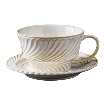 China Simple White Ceramic Stocked Coffee Cup Saucer Customized Vintage Pottery 350cc Cup Set for sale