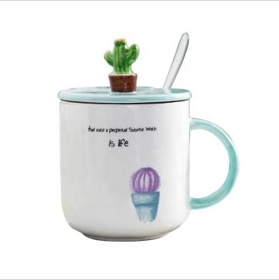 China 12oz Anime Christmas Stocked White Ceramic Mug With 3d Cactus Lid For Drinking Water for sale