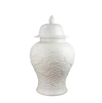 China (1300 degrees) Jingdezhen high temperature fired engraving fish handmade pattern white sea wave ceramic ginger jar decoration living room home decoration for sale