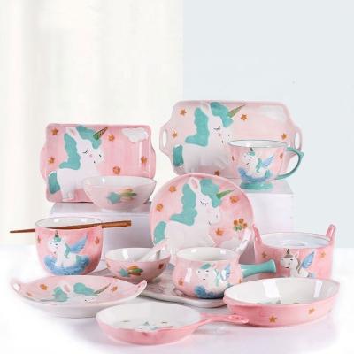 China Factory Direct Sale Porcelain Disposable Pink Dinnerware Set Unicorn Floral Embossed Dish For Kid for sale