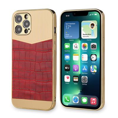 China Shockproof Metal+Pu Plated Luxury Shockproof Phone Case Leather For iPhone 13 Pro Max Bumper Non Slip Frame Cell Phone Case for sale